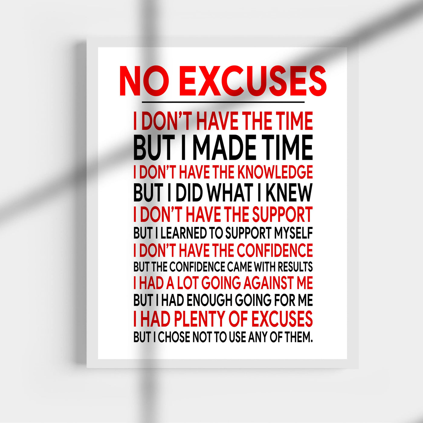 No Excuses Motivational Exercise Wall Art Sign -11 x 14" Inspirational Fitness Poster Print -Ready to Frame. Perfect Decoration for Home-Gym-Weight-Locker Room Decor. Great Gift of Motivation!