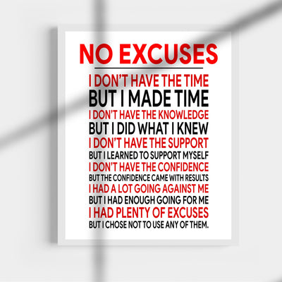 No Excuses Motivational Exercise Wall Art Sign -11 x 14" Inspirational Fitness Poster Print -Ready to Frame. Perfect Decoration for Home-Gym-Weight-Locker Room Decor. Great Gift of Motivation!