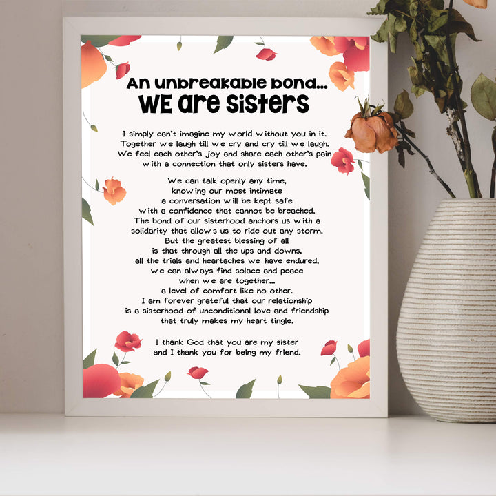 We Are Sisters Inspirational Poem Wall Art -8 x 10" Floral Poster Print-Ready to Frame. Modern Typographic Design. Perfect Home-Office-Studio Decor. Loving, Keepsake Gift for All Sisters!