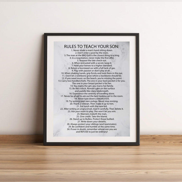 Rules To Teach Your Son Motivational Family Wall Art Sign -11 x 14" Modern Typographic Wall Decor-Ready to Frame. Fun &amp; Inspirational Keepsake for Any Son. Great Graduation Gift!