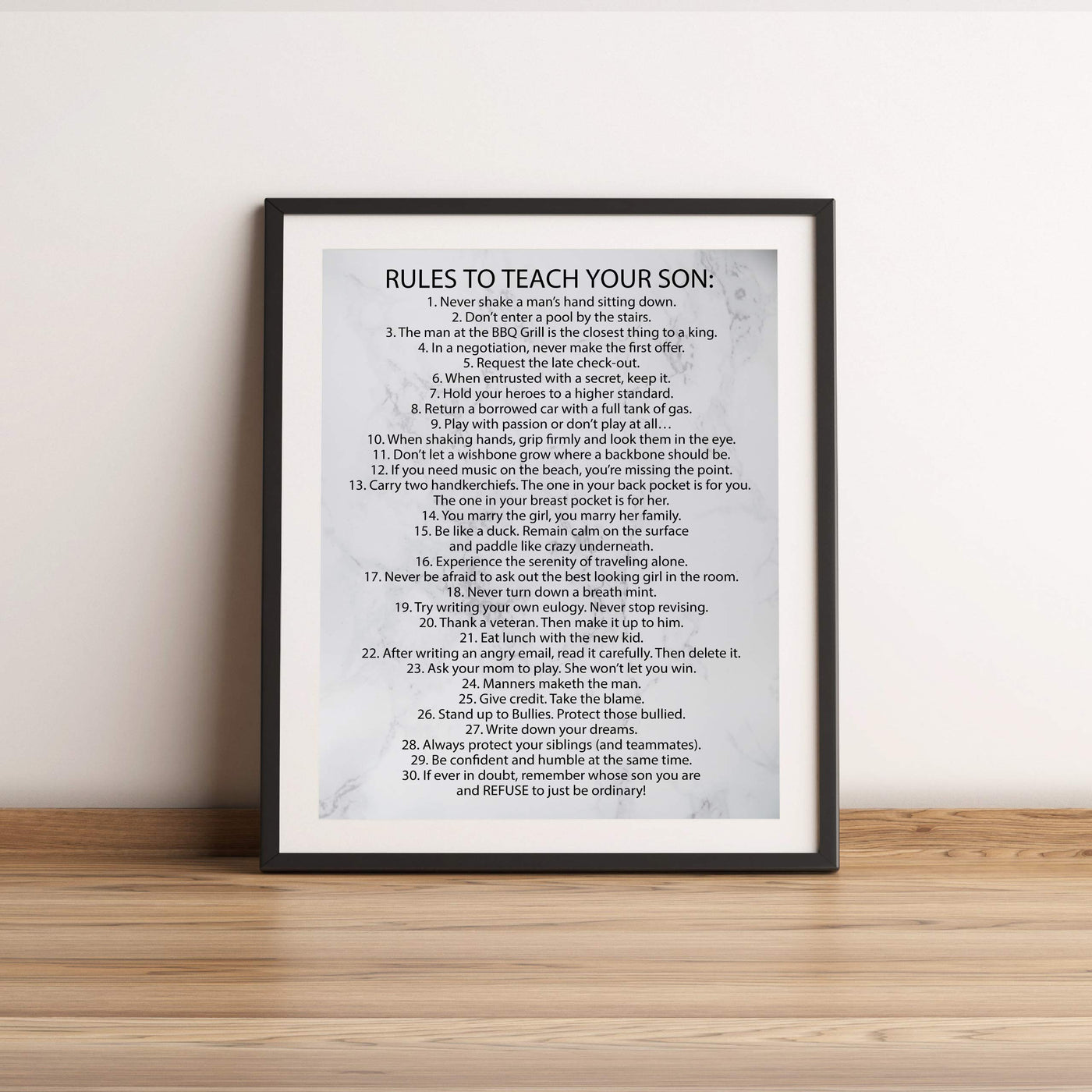 Rules To Teach Your Son Motivational Family Wall Art Sign -11 x 14" Modern Typographic Wall Decor-Ready to Frame. Fun & Inspirational Keepsake for Any Son. Great Graduation Gift!