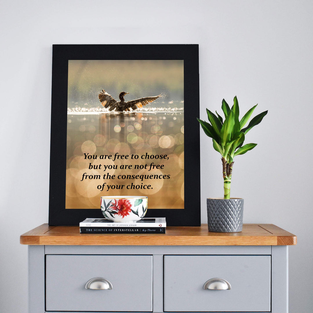 Free to Choose-Not Free From Consequences of Choice Motivational Quotes Wall Art -8 x 10" Modern Print w/Bird Landing in Lake Image-Ready to Frame. Home-Office-Studio-School Decor. Great Advice!