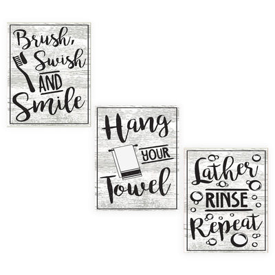 Bathroom"Procedures" Fun Bath Decor Set (3) 8 x10"s Wall Decor. Modern Typographic Wall Prints-Ready To Frame."Brush-Lather-Hang Towel"-Wood Sign Replicas. Perfect Reminders For Kids-Guest Bath.