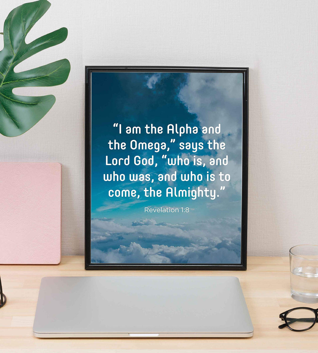 I Am the Alpha &amp; the Omega-the Almighty-Revelation 1:8- Bible Verse Wall Art- 8 x 10" Scripture Print on Blue Sky w/Clouds Photo- Ready to Frame. Home-Office-Church Decor. Great Christian Gift!
