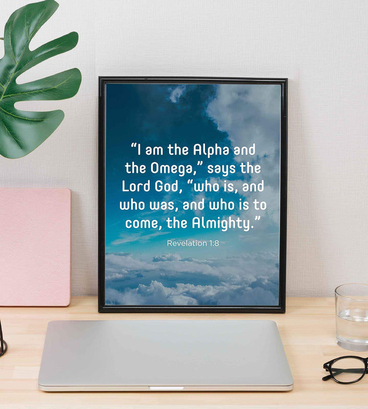 I Am the Alpha &amp; the Omega-the Almighty-Revelation 1:8- Bible Verse Wall Art- 8 x 10" Scripture Print on Blue Sky w/Clouds Photo- Ready to Frame. Home-Office-Church Decor. Great Christian Gift!