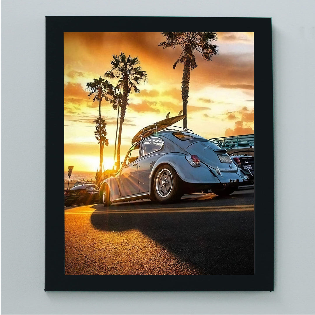 Beetle Car at the Beach Inspirational Beach Sunset Photo Decor -8 x 10" Retro Car Wall Art Print with Surfboard Image -Ready to Frame. Ocean Themed Decoration for Home-Office-Dorm-Beach House!