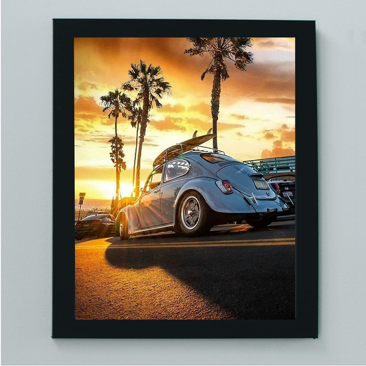 Beetle Car at the Beach Inspirational Beach Sunset Photo Decor -8 x 10" Retro Car Wall Art Print with Surfboard Image -Ready to Frame. Ocean Themed Decoration for Home-Office-Dorm-Beach House!