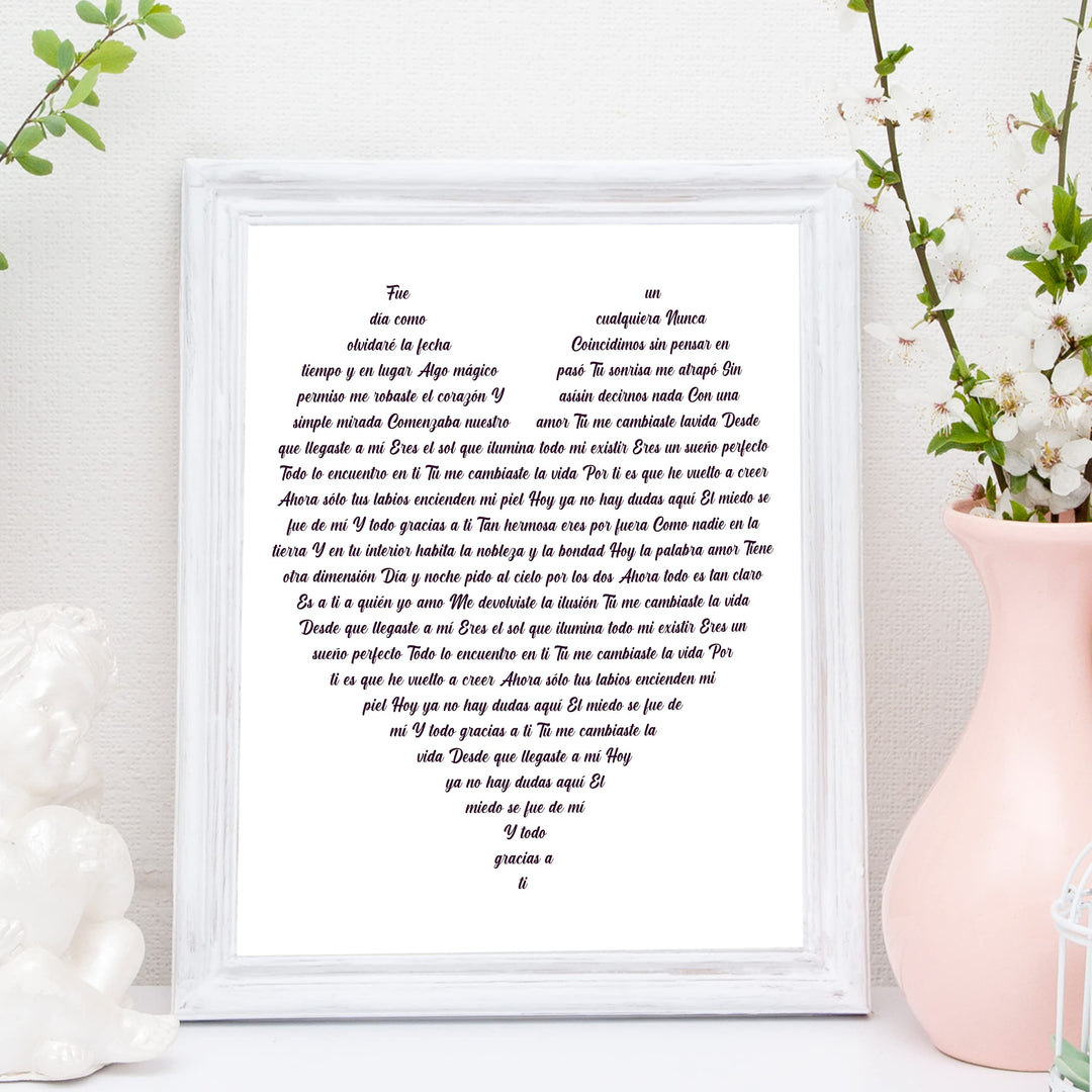 "Tu Me Cambiaste La Vida" Spanish Love Song Wall Art -11 x 14" Romantic Music Lyrics Wall Print -Ready to Frame. Loving Home-Bedroom-Studio Decor. Cute Gift for Couples &amp; Valentines!