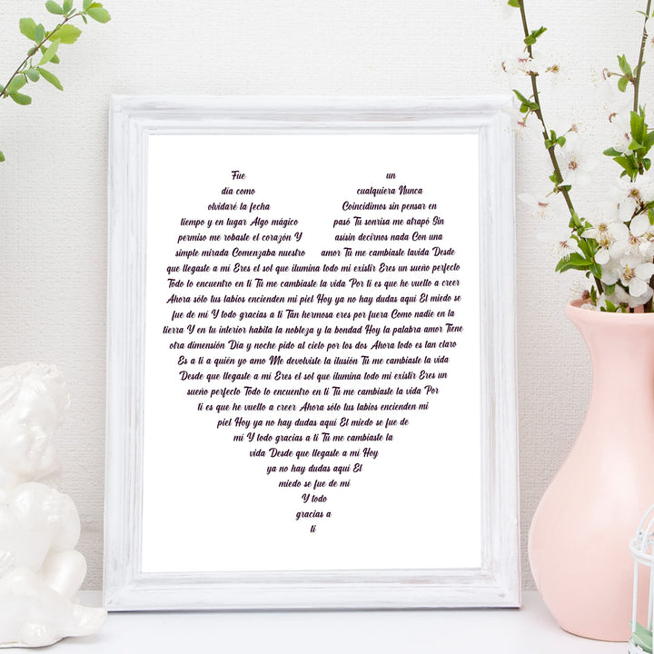 "Tu Me Cambiaste La Vida" Spanish Love Song Wall Art -11 x 14" Romantic Music Lyrics Wall Print -Ready to Frame. Loving Home-Bedroom-Studio Decor. Cute Gift for Couples &amp; Valentines!