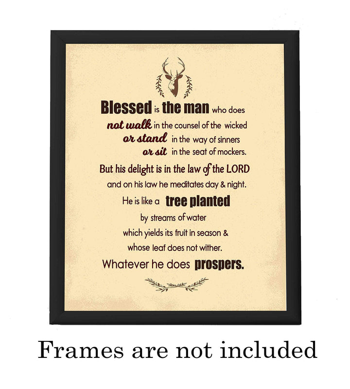 Psalm 1:1-3-"Blessed Is the Man-Whatever He Does Prospers"-Bible Verse Wall Art -8 x 10" Distressed Typographic Poster Print-Ready to Frame. Inspirational Christian Decor for Home-Office-Church.