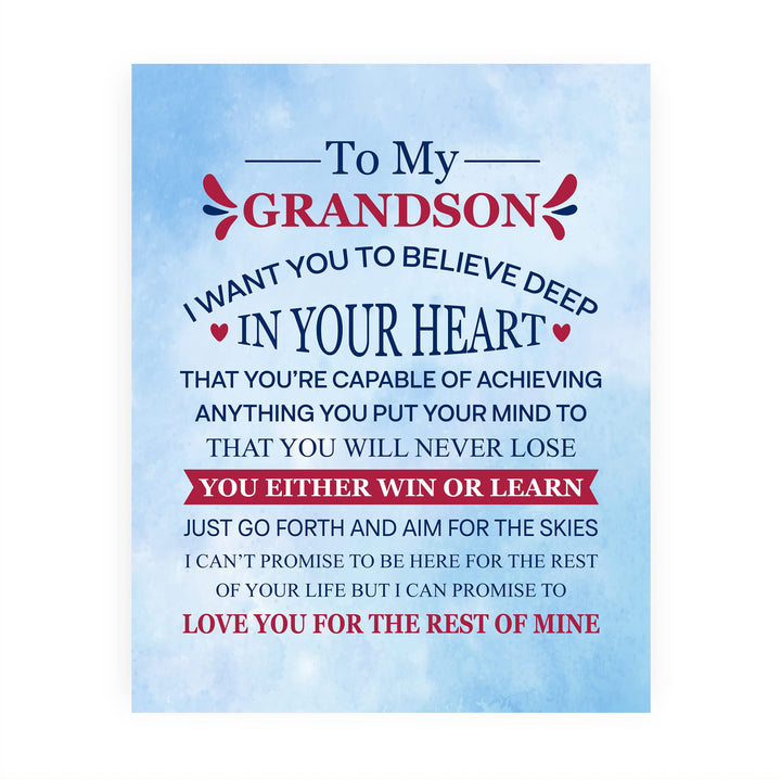 "To My Grandson - Win or Learn" Inspirational Love &amp; Family Wall Decor -8 x 10" Rustic Typographic Art Print -Ready to Frame. Home-Living Room-Office Decoration. Perfect Gift for Grandsons!