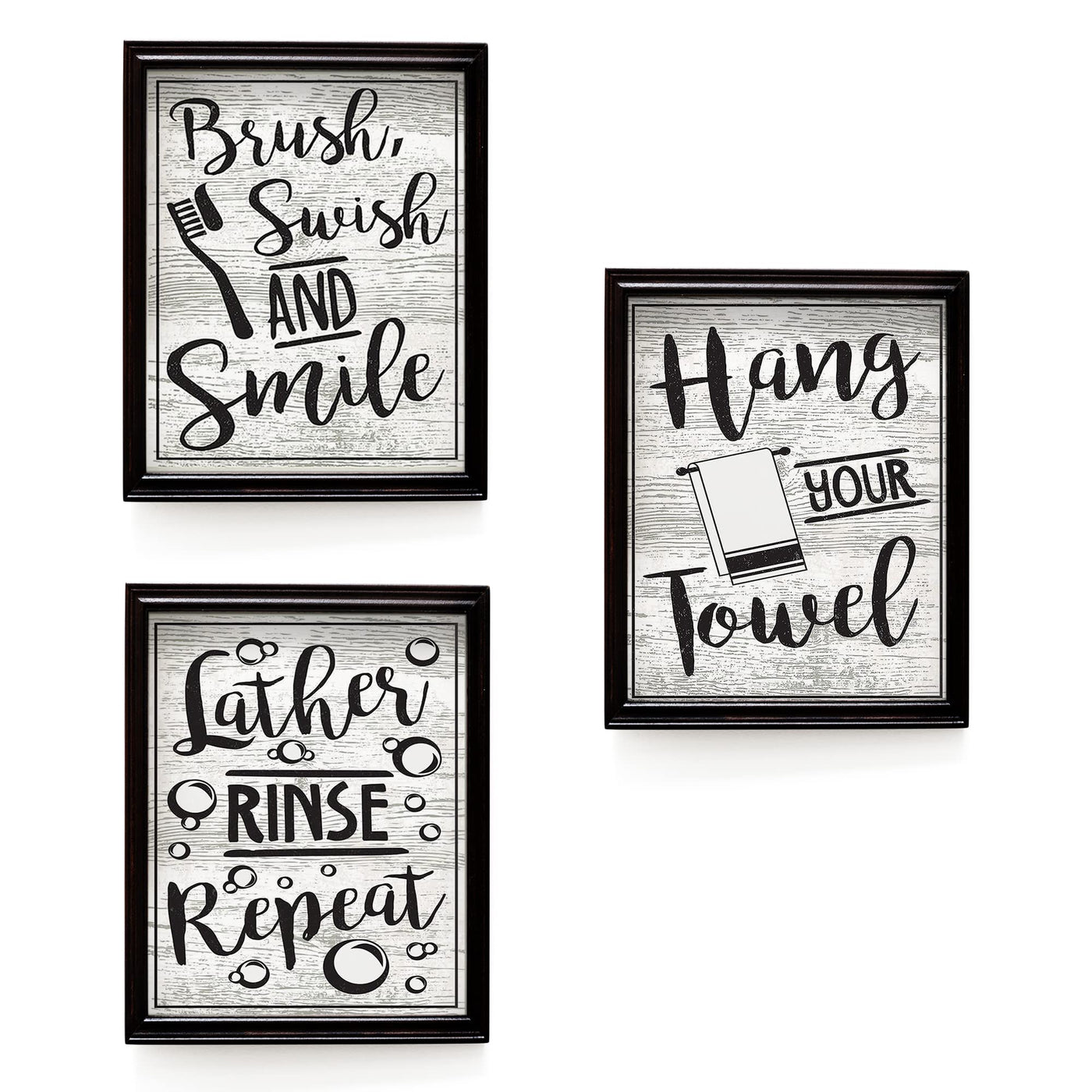 Bathroom"Procedures" Fun Bath Decor Set (3) 8 x10"s Wall Decor. Modern Typographic Wall Prints-Ready To Frame."Brush-Lather-Hang Towel"-Wood Sign Replicas. Perfect Reminders For Kids-Guest Bath.