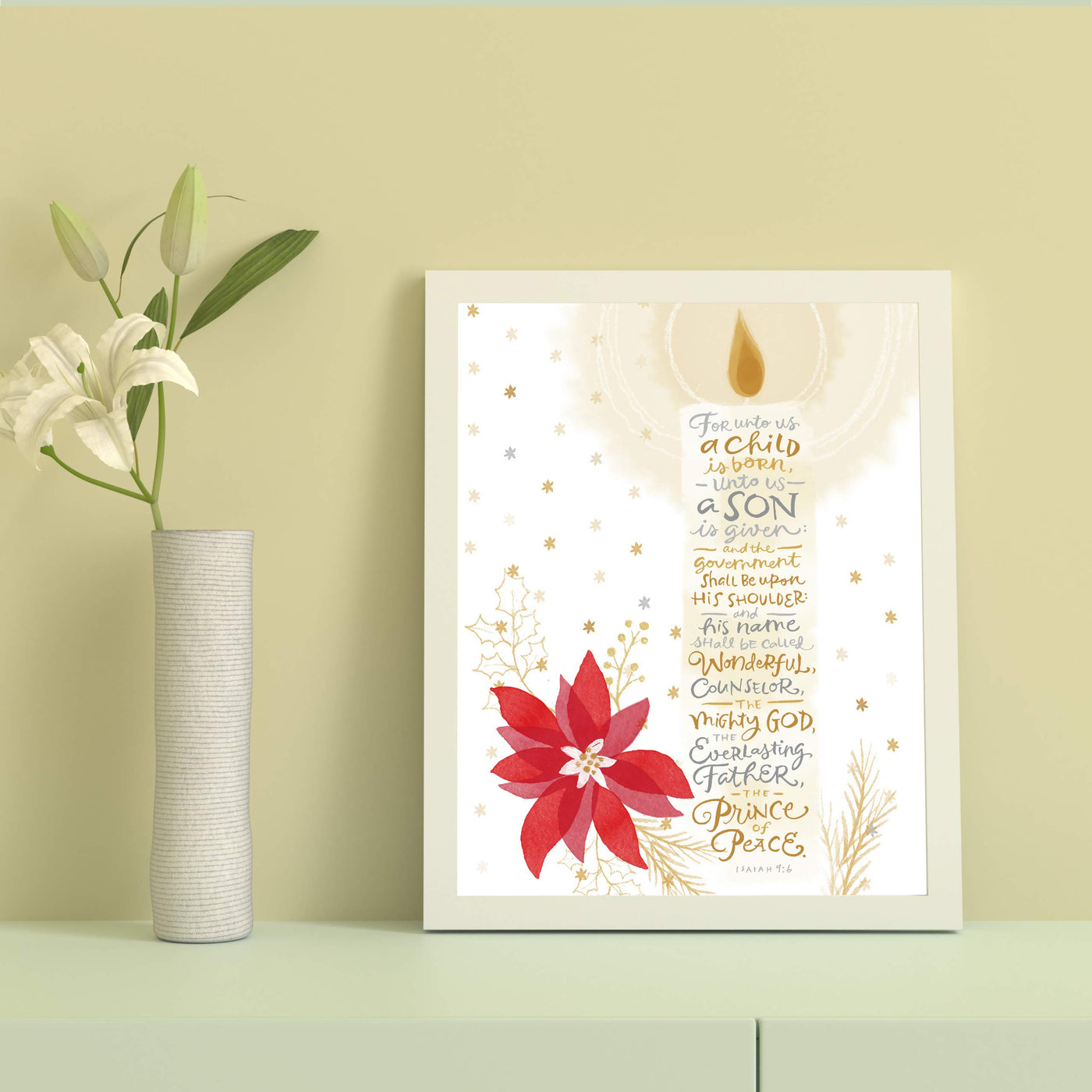 ?For Unto Us a Child Is Born-The Prince of Peace? -Isaiah 9:6 -Bible Verse Wall Art-8 x 10" -Typographic Candle Design w/Poinsettia-Ready to Frame. Scripture Print Ideal for Home-Office-Church D?cor.