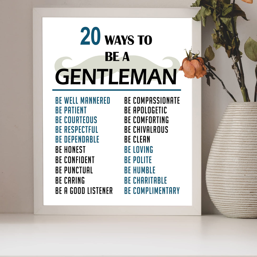 20 Ways To Be A Gentleman Motivational Wall Art for Men, Boys -8 x 10" Typographic Mustache Print -Ready to Frame. Inspirational Home-Office-Man Cave-School Decor. Great Advice for All Gentlemen!