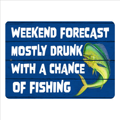 Weekend Forecast-Chance of Fishing Metal Signs Vintage Wall Art -12 x 8" Funny Rustic Outdoor Fish Sign for Lake, Patio, Camp, Lodge - Tin Sign Decor for Home-Cabin-Fish Themed Accessories & Gifts!