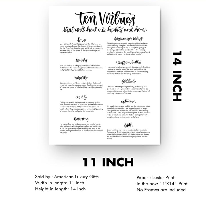 Ten Virtues That Will Heal Our Hearts &amp; Home -Christian Wall Art Sign- 11 x 14" Inspirational Poster Print -Ready to Frame. Home-Office-Church-Welcome Decor. Perfect Rules of Faith &amp; Family!