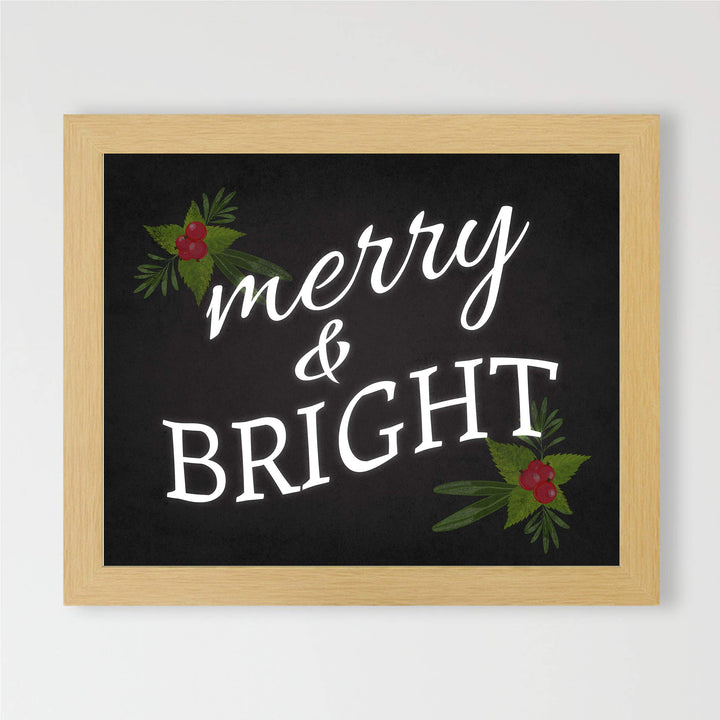 Merry &amp; Bright Christmas Decor Wall Art -10 x 8" Modern Holiday Art Print-Ready to Frame. Festive Home-Kitchen-Farmhouse Decor. Perfect Welcome Sign and Winter Decoration! Great Christian Gift!