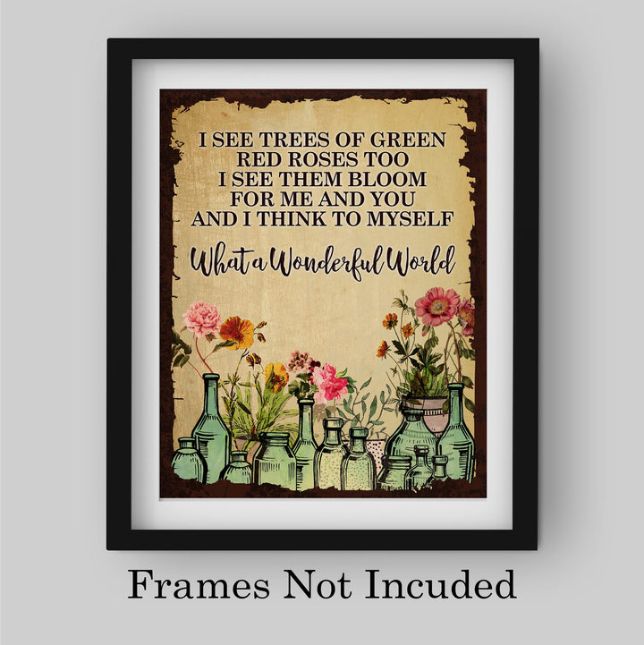 What A Wonderful World Song Lyric Wall Art -8 x 10" Floral Music Lyrics Print -Ready to Frame. Rustic Wood Design Decor for Home-Studio-Bar-Man Cave. Great Gift for Louie Armstrong &amp; All Jazz Fans!