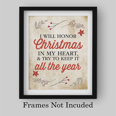 I Will Honor Christmas In My Heart Inspirational Holiday Wall Art -8 x 10" Christmas Carol Quote Print-Ready to Frame. Festive Home-Welcome-Farmhouse-Winter Decor. Great Gift for Dickens Fans!