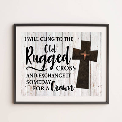 I Will Cling to the Old Rugged Cross Praise Hymns Wall Art -14 x 11" Christian Worship Music Cross Print w/Replica Wood Design-Ready to Frame. Classic Hymn for Home-Office-Studio-Church Decor!