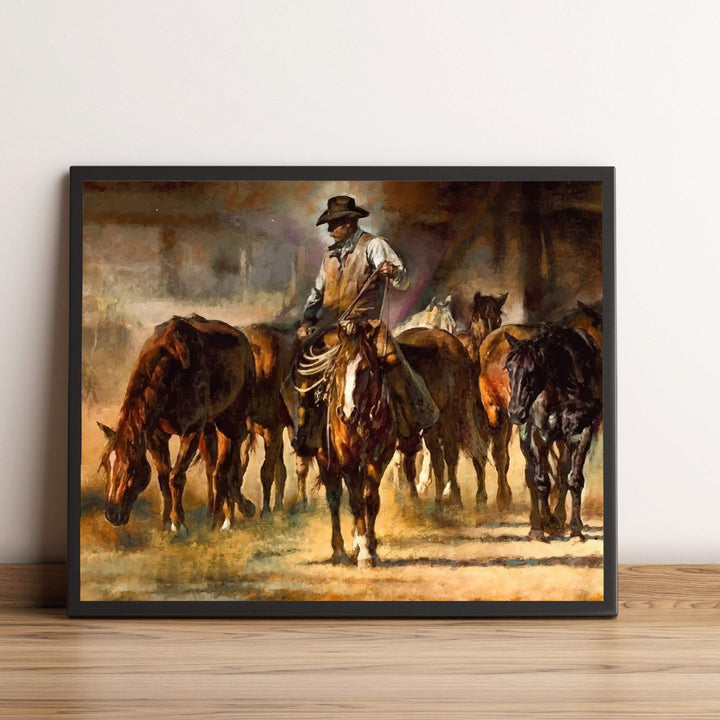 Cowboy Riding Horses- Western Wall Art Sign- 10 x 8"- Country Rustic Replica Art Print-Ready to Frame. Home-Lodge-Camp-Cabin Decor. Great Gift for Cowboys &amp; Horse Lovers!