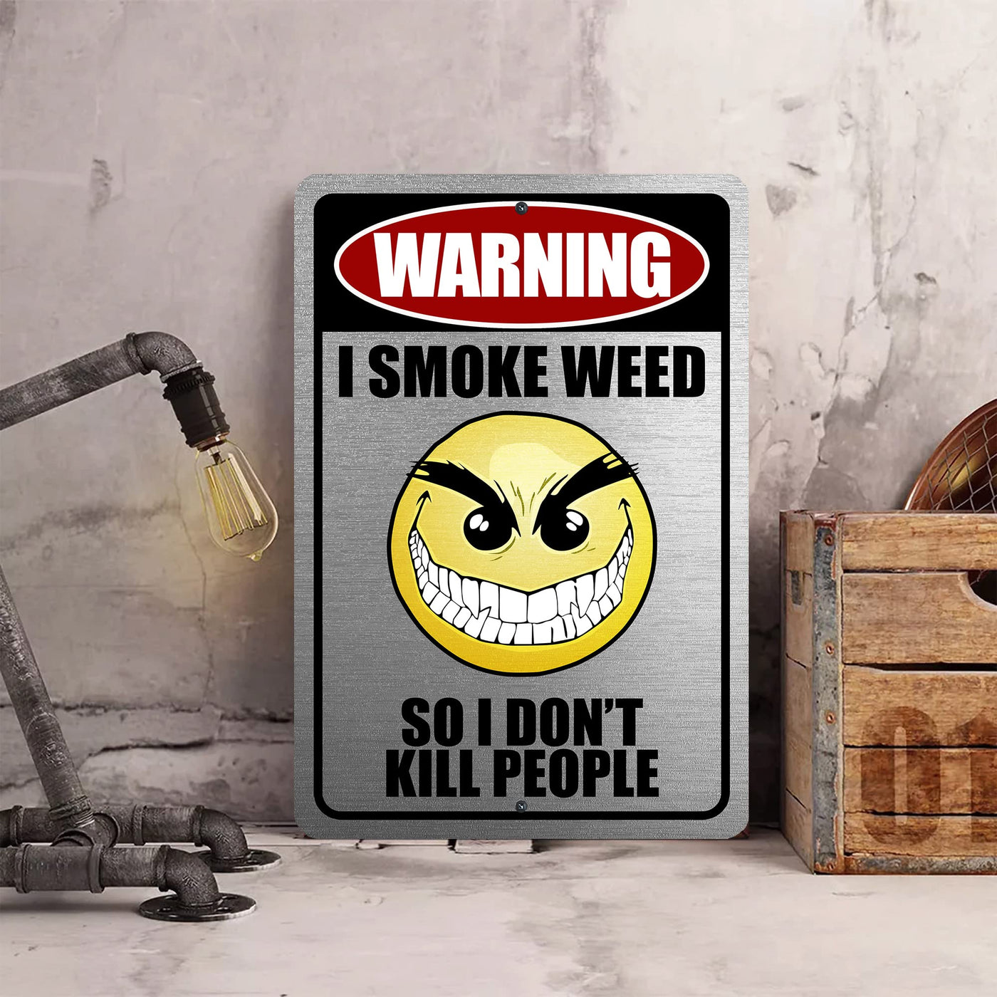 Warning - I Smoke Weed Metal Signs Vintage Wall Art -8 x 12" Funny Retro Emoji Sign for Bar, Man Cave, Garage, Pub, Shop- Rustic Tin Outdoors Sign for Home-Kitchen-Patio-Beach House-Deck Decor!