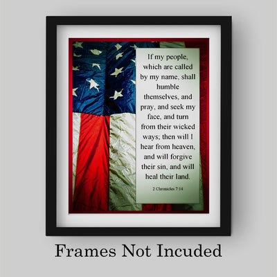 ?If My People Shall Humble Themselves & Pray"-2 Chronicles 7:14-Bible Verse Wall Art -8 x 10" American Flag Scripture Print-Ready to Frame. Inspirational Home-Office-Church-Christian-Patriotic Decor!