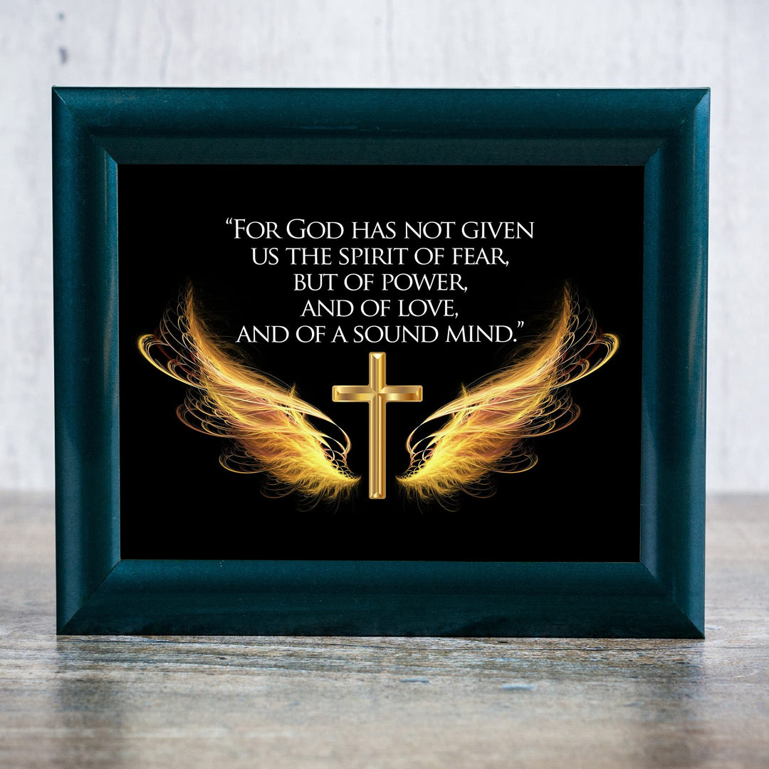 For God Has Given Us A Spirit of Power- 2 Timothy 1:7- Bible Verse Wall Art- 10 x 8" Scripture Wall Print w/Cross &amp; Angel Wings-Ready to Frame. Home-Office-Church Decor. Great Christian Gift!