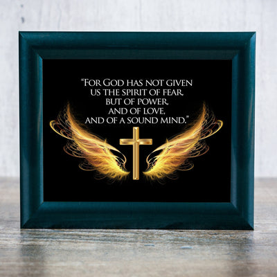 For God Has Given Us A Spirit of Power- 2 Timothy 1:7- Bible Verse Wall Art- 10 x 8" Scripture Wall Print w/Cross & Angel Wings-Ready to Frame. Home-Office-Church Decor. Great Christian Gift!