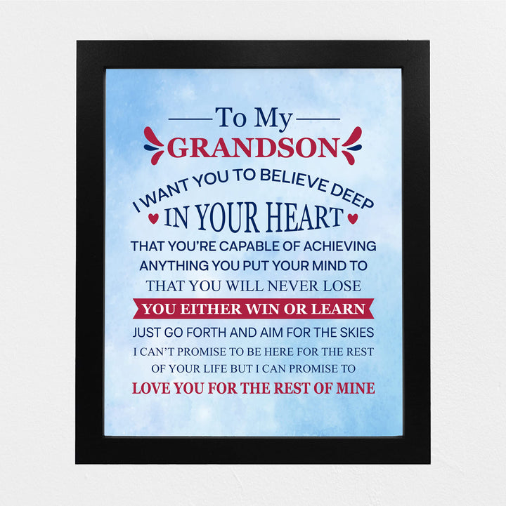 "To My Grandson - Win or Learn" Inspirational Love &amp; Family Wall Decor -8 x 10" Rustic Typographic Art Print -Ready to Frame. Home-Living Room-Office Decoration. Perfect Gift for Grandsons!