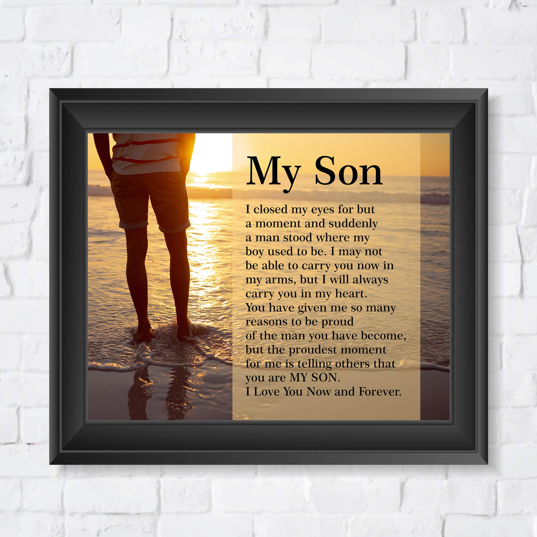 My Son-Love You Now &amp; Forever Inspirational Family Wall Art -10 x 8" Modern Typographic Beach Sunset Print-Ready to Frame. Loving, Heartfelt Message for All Sons. Great Wedding-Graduation Gift!