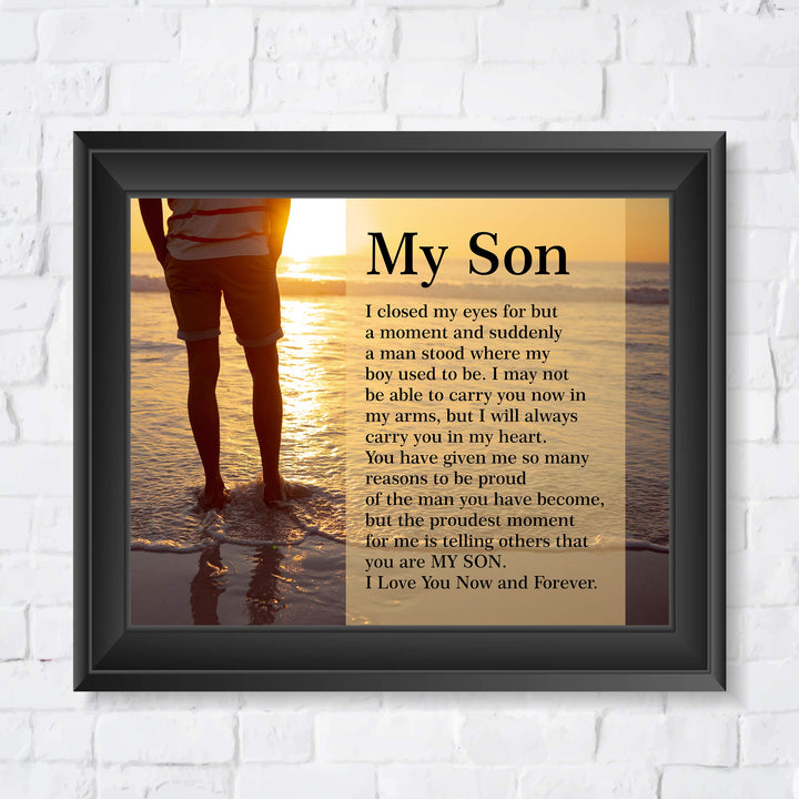 My Son-Love You Now &amp; Forever Inspirational Family Wall Art -10 x 8" Modern Typographic Beach Sunset Print-Ready to Frame. Loving, Heartfelt Message for All Sons. Great Wedding-Graduation Gift!
