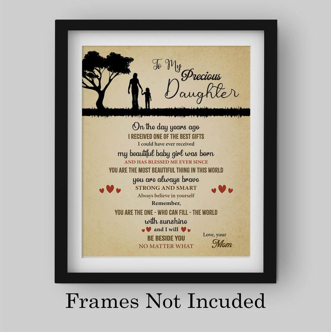 To My Precious Daughter -Love Mom Inspirational Family Wall Art -8 x 10" Rustic Mom &amp; Daughter Silhouette Print -Ready to Frame. Home - Girls Bedroom Decor. Loving, Keepsake Gift for All Daughters!