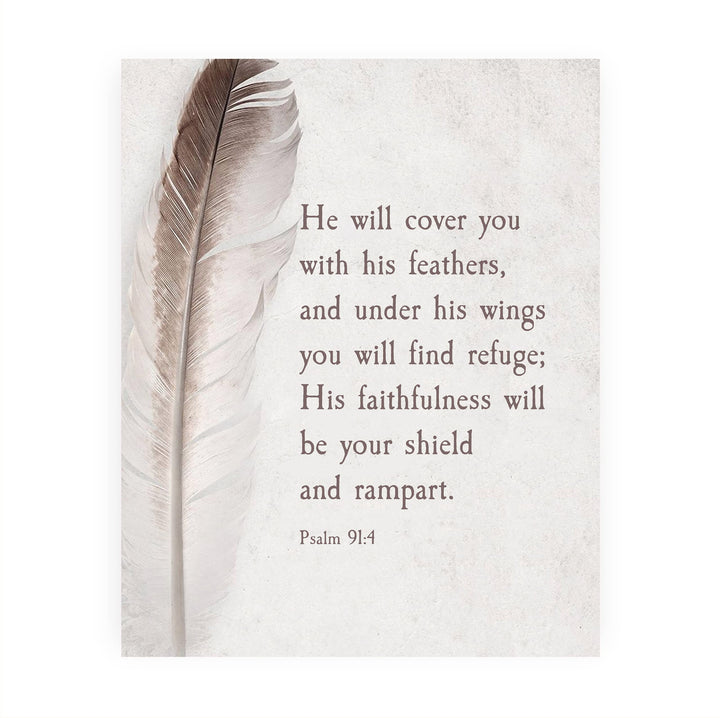 Psalm 91:4-"He Will Cover You With His Feathers"-Bible Verse Wall Art -8 x 10" Scripture Print w/Feather Image-Ready to Frame. Christian Decor for Home-Office-Church. Great Religious Gift of Faith!