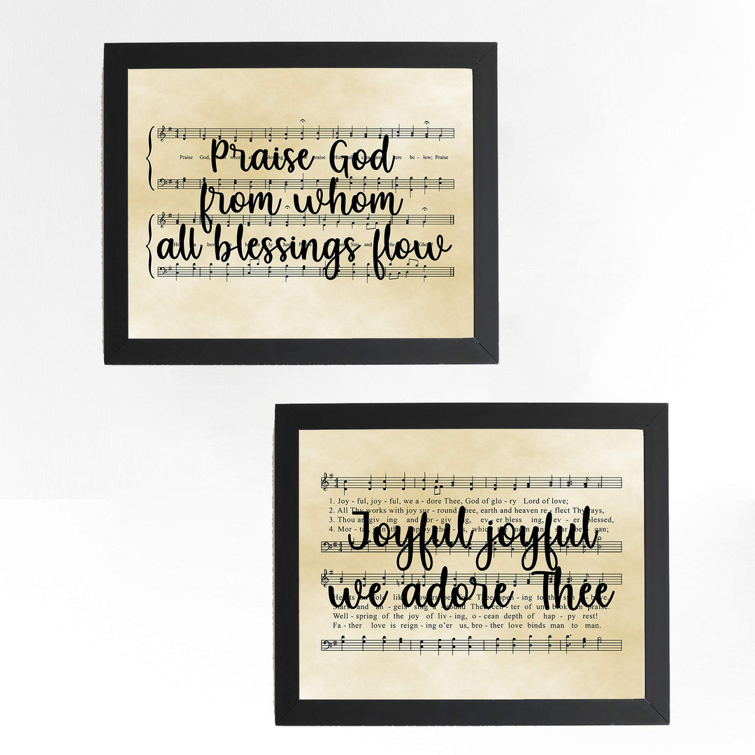 Praise Hymns- Sheet Music Wall Decor Set (2)- 10 x 8" Wall Art Print. Doxology &amp; Hymn to Joy Lyrics-Parchment Prints-Ready To Frame. Home-Office-Studio-Church Decor. Perfect Gift of Classic Hymns.