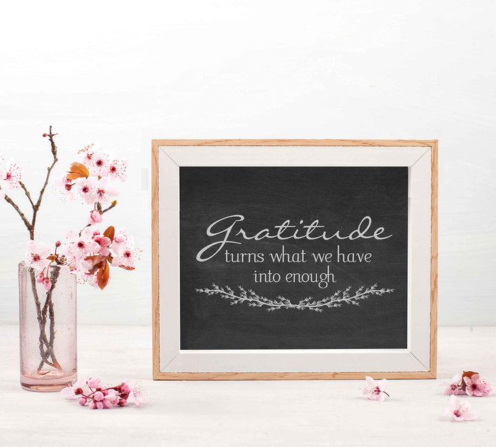 Gratitude-Turns What We Have Into Enough-Inspirational Wall Art- 10 x 8" Modern Typographic Print w/Distressed Wood Design-Ready to Frame. Home-Office-Family Room Decor. Great Positive Sign!