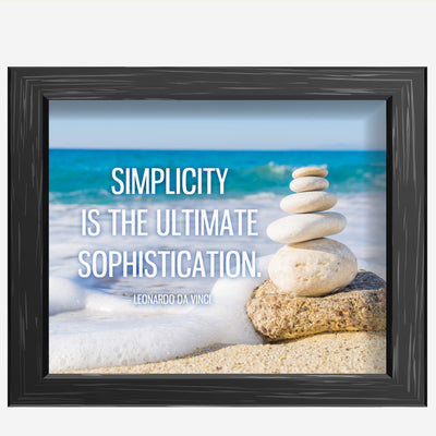 Leonardo Da Vinci Quotes-"Simplicity Is the Ultimate Sophistication"-Inspirational Wall Art -10 x 8" Beach Photo Print w/Stacked Stones Image-Ready to Frame. Home-Office-Studio-School-Library Decor.