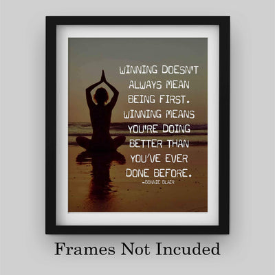 Winning Doesn't Always Mean Being First Inspirational Quotes Wall Art. -8 x 10" Beach Sunset Print with Yoga Pose-Ready to Frame. Motivational Wall Decor for Home, Office & Studio. Great Zen Gift!