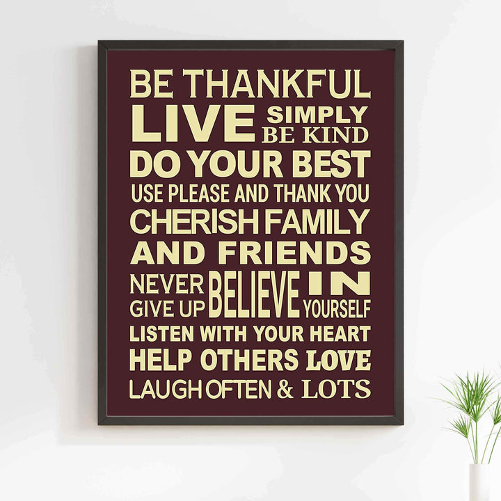 Be Thankful-Live Simply-Be Kind- Happy Life Rules Sign-Wall Art- 11 x 14" Print Wall Decor-Ready to Frame. Modern Typographic Sign Print for Home-Office. Great Reminders to Help-Love-Laugh. For All!