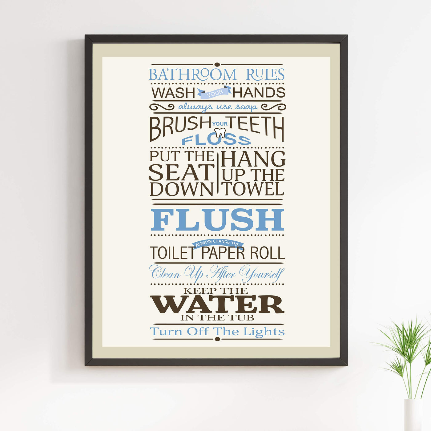 Bathroom Rules: Wash-Brush-Flush-Lights- Fun Bathroom Sign- 11 x 14" Print Wall Art-Ready to Frame. Classy Home & Bathroom D?cor- Housewarming Wall Print. Perfect For Guests & Kids Bathrooms.