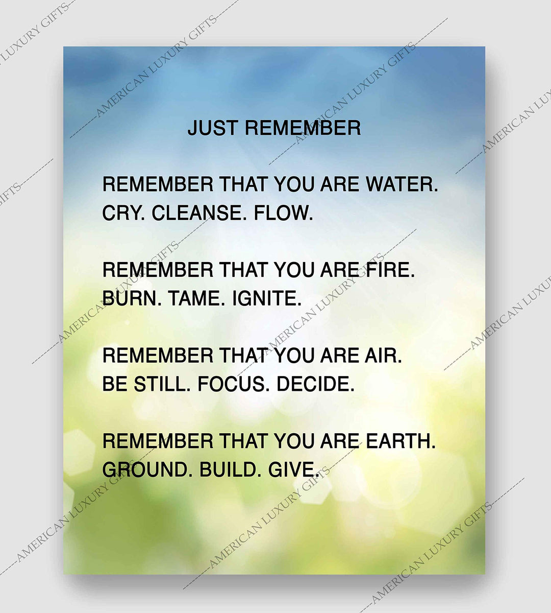 Remember That You Are Water-Fire-Air-Earth Inspirational Quotes Wall Art -8x10" Modern Spiritual Poster Print-Ready to Frame. Positive Home-Office-Desk-School Decor. Great Reminders for Motivation!