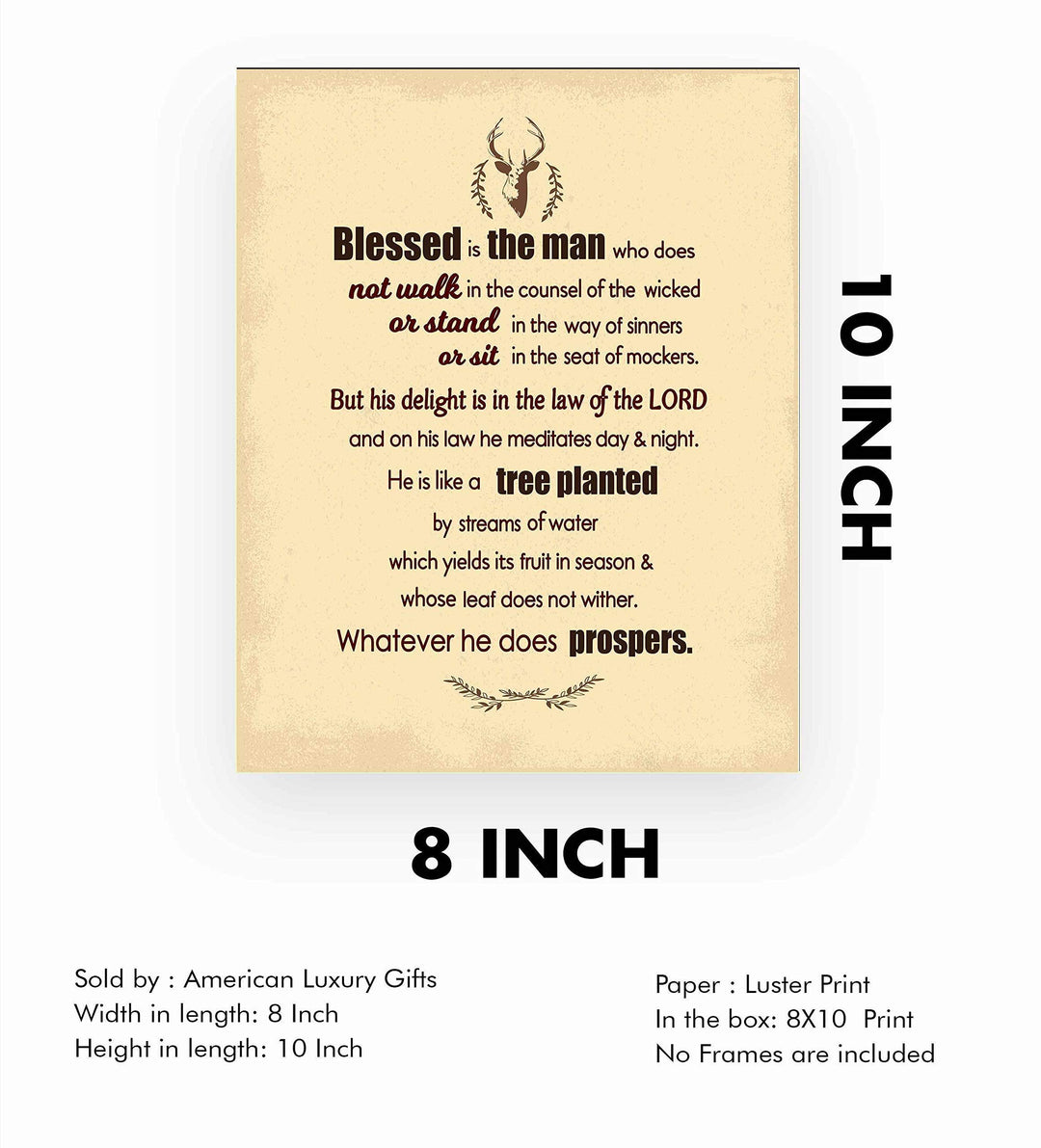 Psalm 1:1-3-"Blessed Is the Man-Whatever He Does Prospers"-Bible Verse Wall Art -8 x 10" Distressed Typographic Poster Print-Ready to Frame. Inspirational Christian Decor for Home-Office-Church.