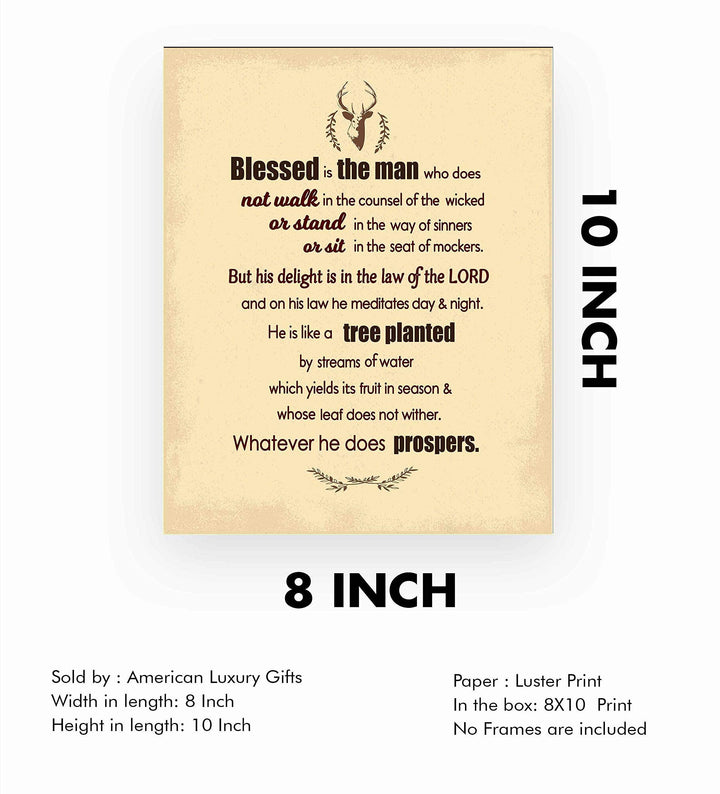 Psalm 1:1-3-"Blessed Is the Man-Whatever He Does Prospers"-Bible Verse Wall Art -8 x 10" Distressed Typographic Poster Print-Ready to Frame. Inspirational Christian Decor for Home-Office-Church.