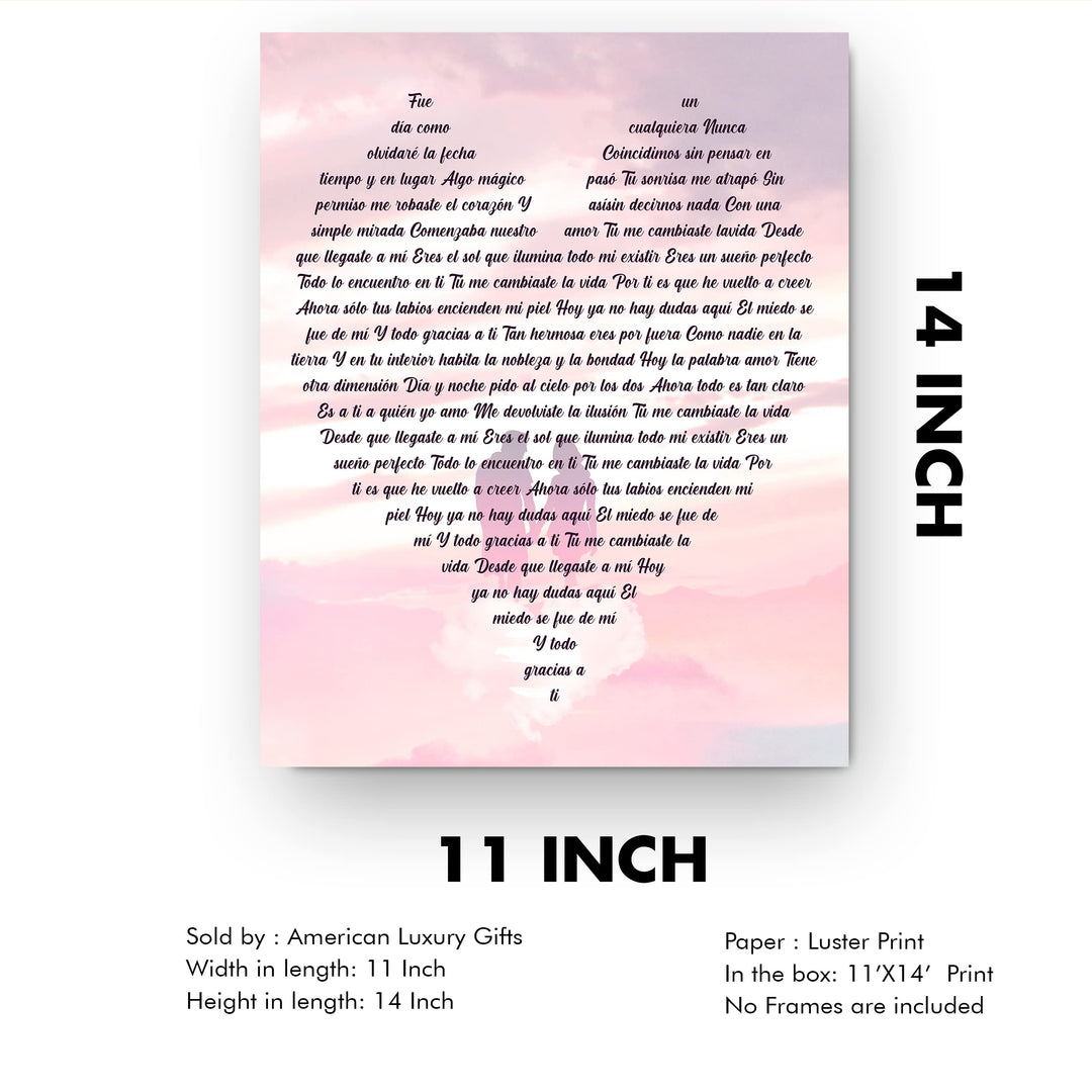 "Tu Me Cambiaste La Vida" Spanish Love Song Wall Art -11 x 14" Romantic Music Lyrics Wall Print -Ready to Frame. Loving Home-Bedroom-Studio Decor. Cute Gift for Couples &amp; Valentines!