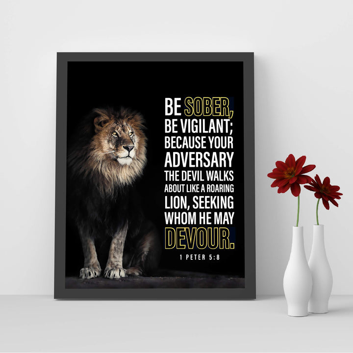 Be Sober-Be Vigilant- 1 Peter 5:8- Bible Verse Wall Art- 8x10"- Modern Scripture Wall Art Print w/Lion Image- Ready to Frame. Motivational Home-Office-Church Decor. Great Christian Gift &amp; Reminder!