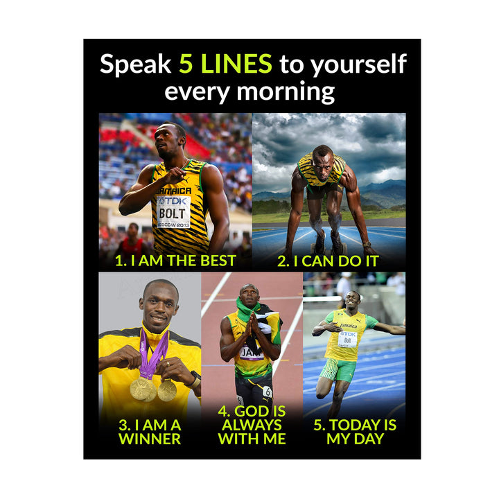 Usain Bolt Quotes-"Speak 5 Lines to Yourself Every Morning"-Motivational Wall Art-11 x 14" Inspirational Track &amp; Field Photo Print-Ready to Frame. Home-School-Gym-Locker Room Decor. Inspire Your Team!