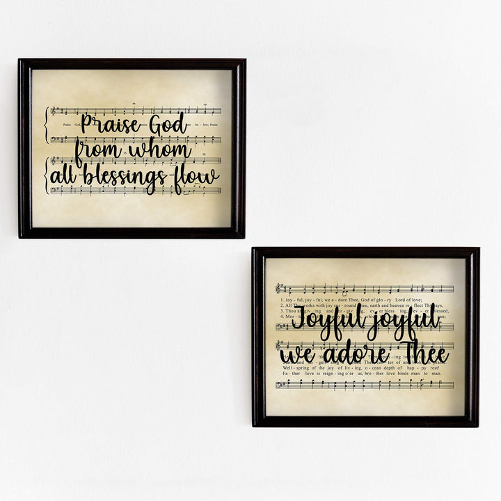 Praise Hymns- Sheet Music Wall Decor Set (2)- 10 x 8" Wall Art Print. Doxology &amp; Hymn to Joy Lyrics-Parchment Prints-Ready To Frame. Home-Office-Studio-Church Decor. Perfect Gift of Classic Hymns.