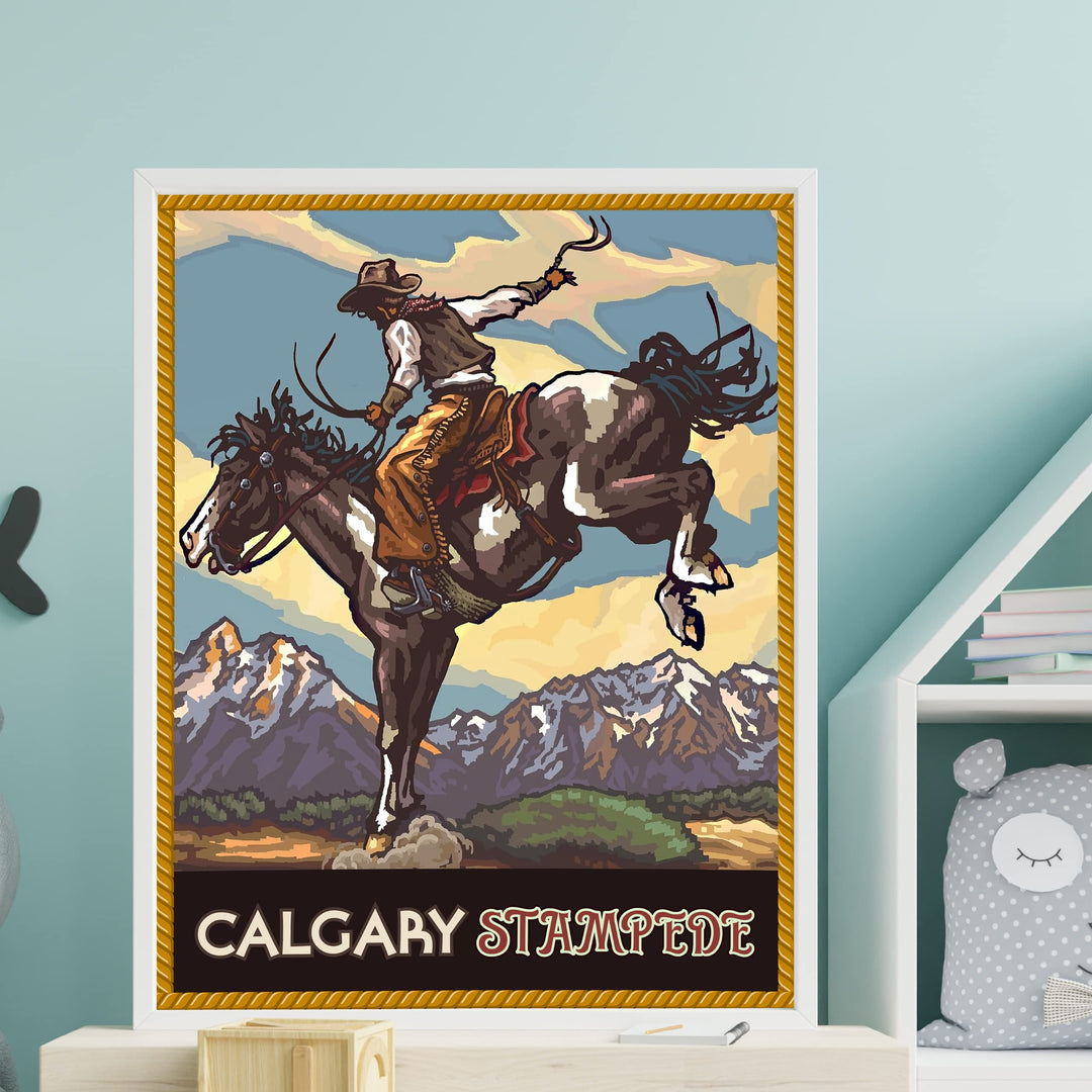 "Calgary Stampede" Cowboy Riding Horse Wall Art Sign -8 x 10" Country Rustic Rodeo Poster Print -Ready to Frame. Home-Office-Farmhouse Decor. Perfect Gift for All Cowboys &amp; Cowgirls!
