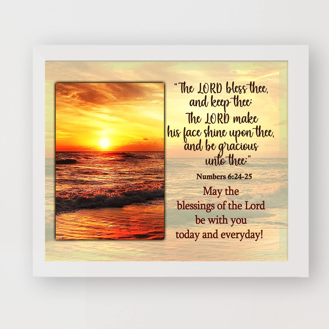The Lord Bless Thee &amp; Keep Thee-Numbers 6:24-25 Bible Verse Wall Art -10 x 8" Modern Beach Sunset Scripture Print-Ready to Frame. Home-Office-Church-Ocean Themed Decor. Great Christian Gift!