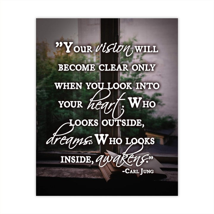 Carl Jung Quotes Wall Art-"Who Looks Outside Dreams-Who Looks Inside Awakens"- 8 x 10"-Typographic Photo Print-Ready to Frame. Home-Office-Classroom Decor. Great Philosophical &amp; Inspirational Sign!